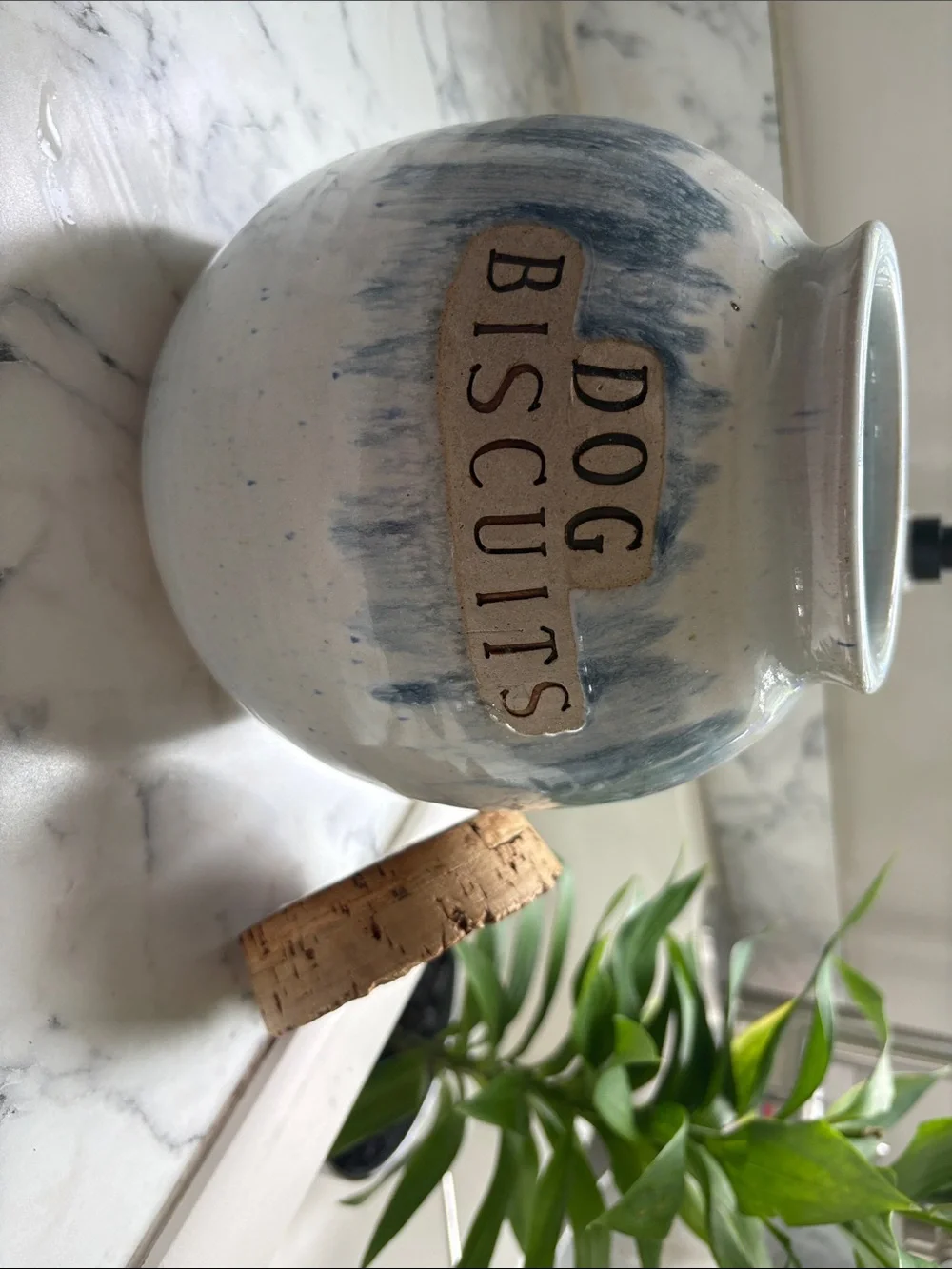 Vintage NC Pottery 'Dog Biscuits' Biscuit Jar with Cork Lid - Blue & Cream 1997